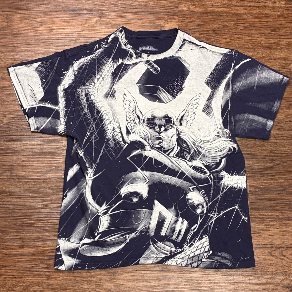 Marvel Thor All Over Print Graphic T-Shirt Men's L Black White Double Sided